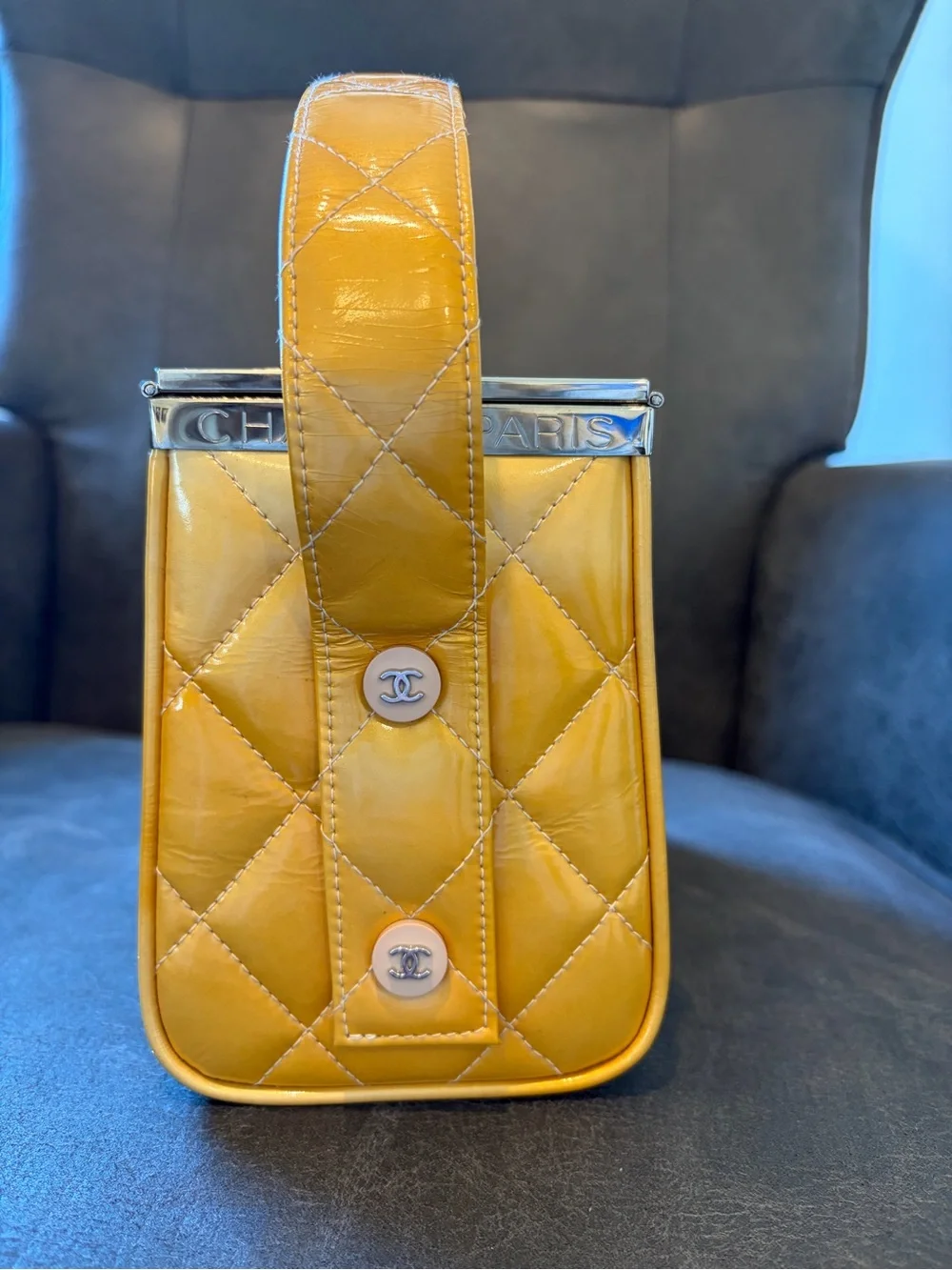 CHANEL Yellow Quilted Top-Handle Vanity Bag with Metal Trim